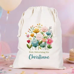 Personalisierter Geschenksack mit Blumen Motiv & Kordelzug | 100 % Baumwolle | 3 Größen