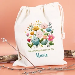 Personalisierter Geschenksack mit Blumen Motiv & Kordelzug | 100 % Baumwolle | 3 Größen