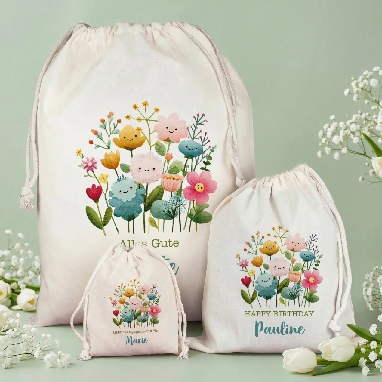 Personalisierter Geschenksack mit Blumen Motiv & Kordelzug | 100 % Baumwolle | 3 Größen