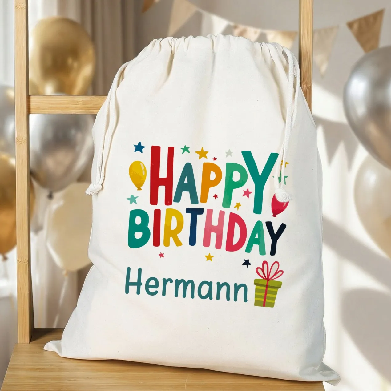 Personalisierter Geschenksack Happy Birthday mit Name | Geschenkverpackung zum Geburtstag in 3 Größen