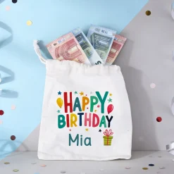 Personalisierter Geschenksack Happy Birthday mit Name | Geschenkverpackung zum Geburtstag in 3 Größen