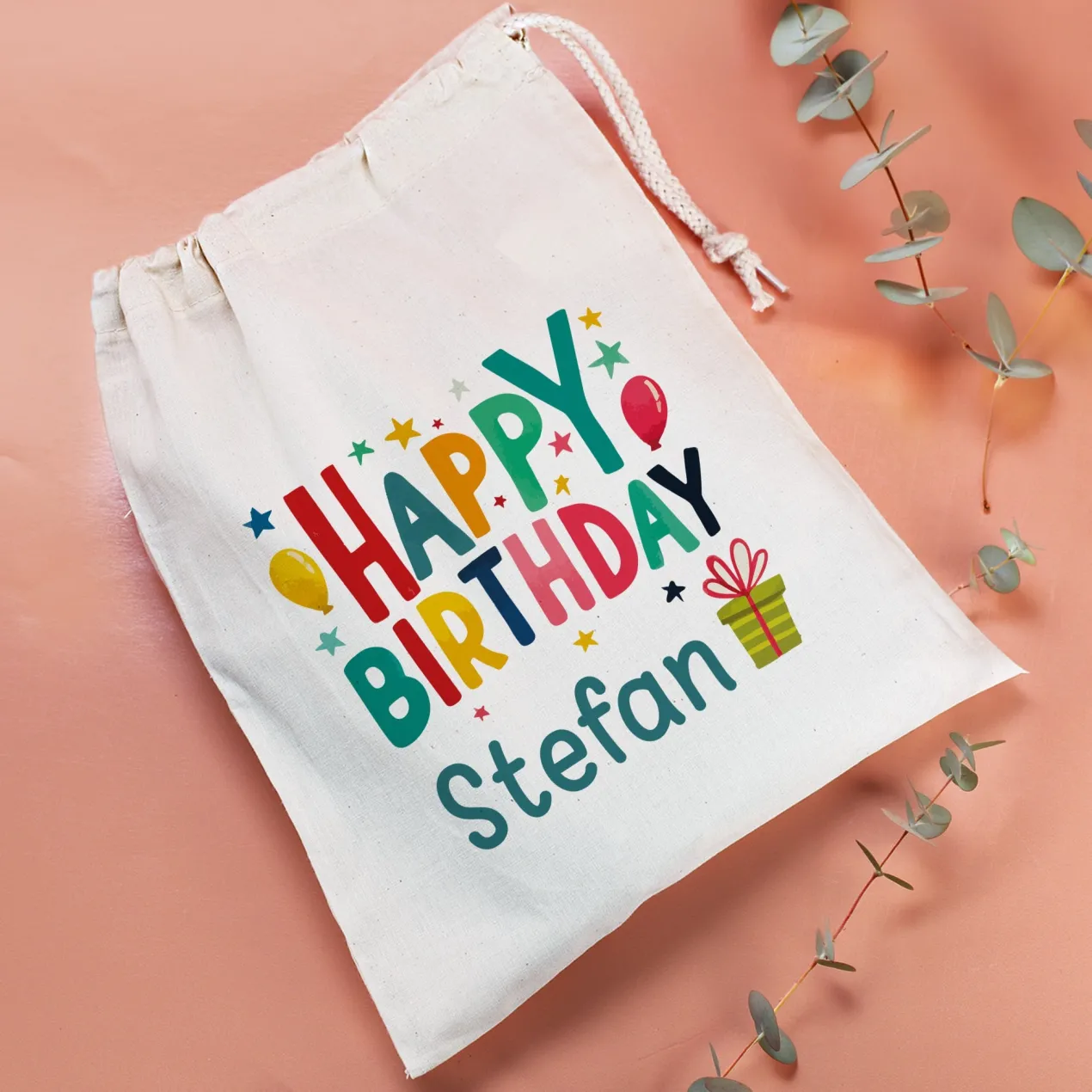 Personalisierter Geschenksack Happy Birthday mit Name | Geschenkverpackung zum Geburtstag in 3 Größen