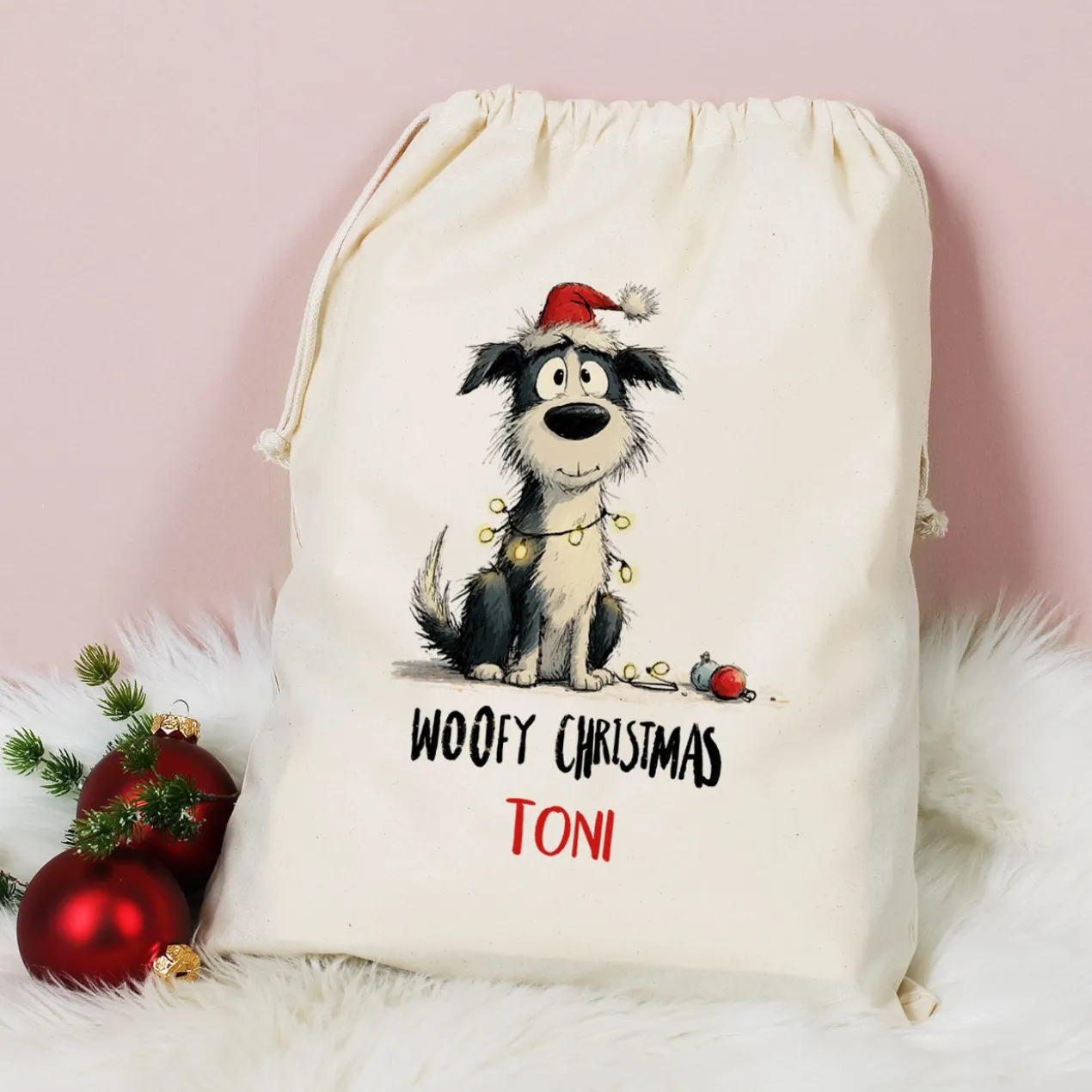 Personalisierter Geschenksack zu Weihnachten mit Name | 3 Größen | Hunde-Motiv