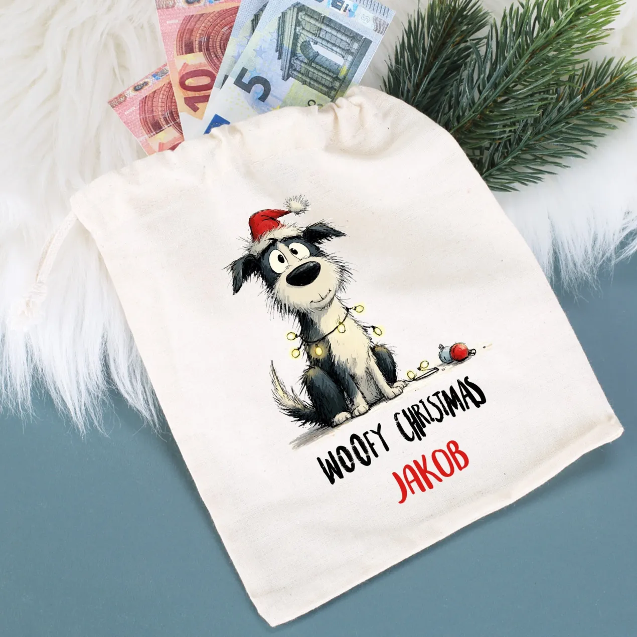 Personalisierter Geschenksack zu Weihnachten mit Name | 3 Größen | Hunde-Motiv