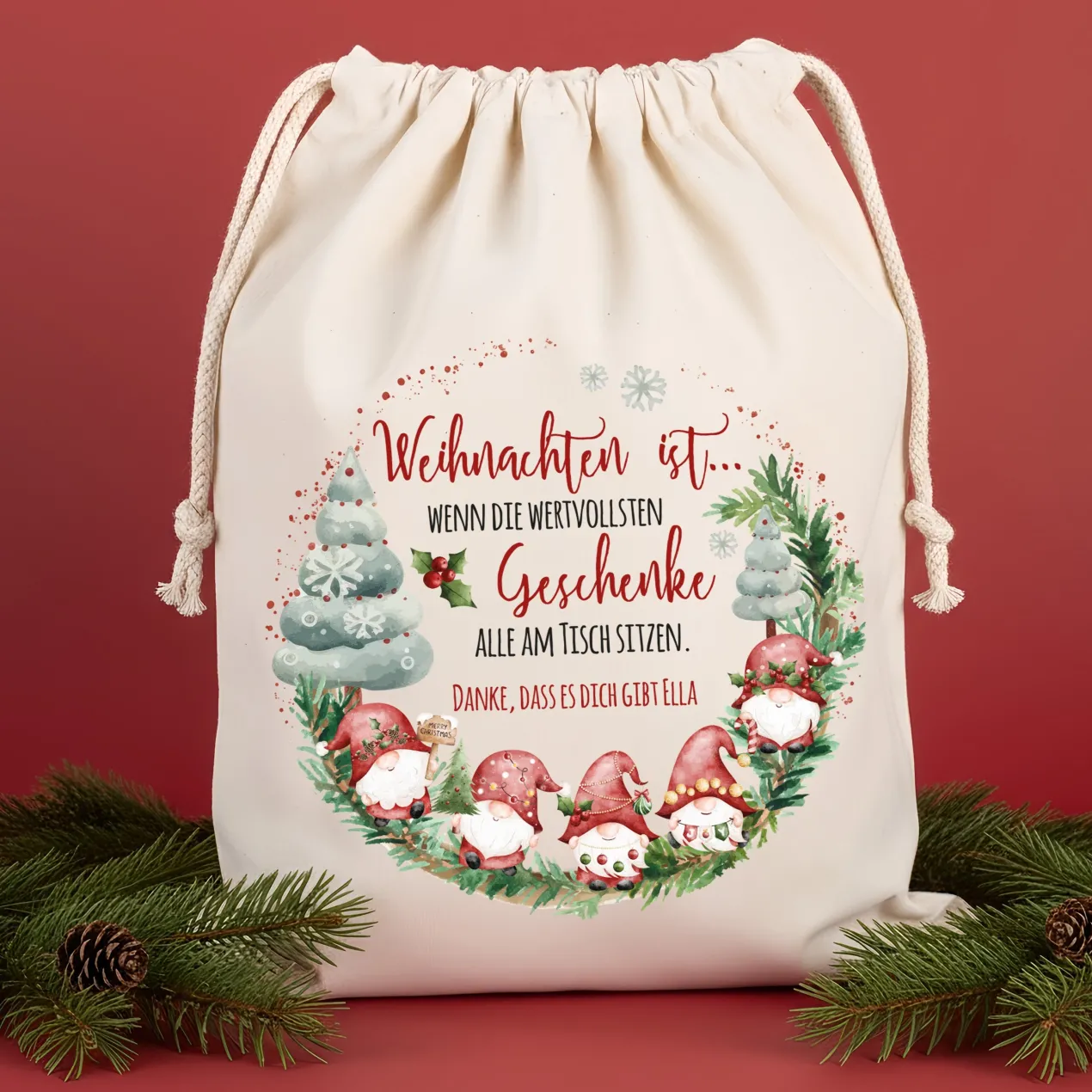 Personalisierter Geschenksack zu Weihnachten mit Wichtelmotiv | Geschenkverpackung in 3 Größen