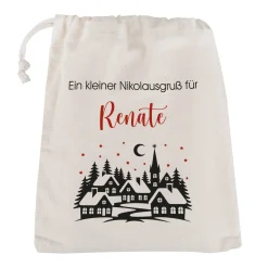 Personalisierter Geschenksack zu Weihnachten mit Wunschtext | Baumwollbeutel mit Winterdorf-Motiv