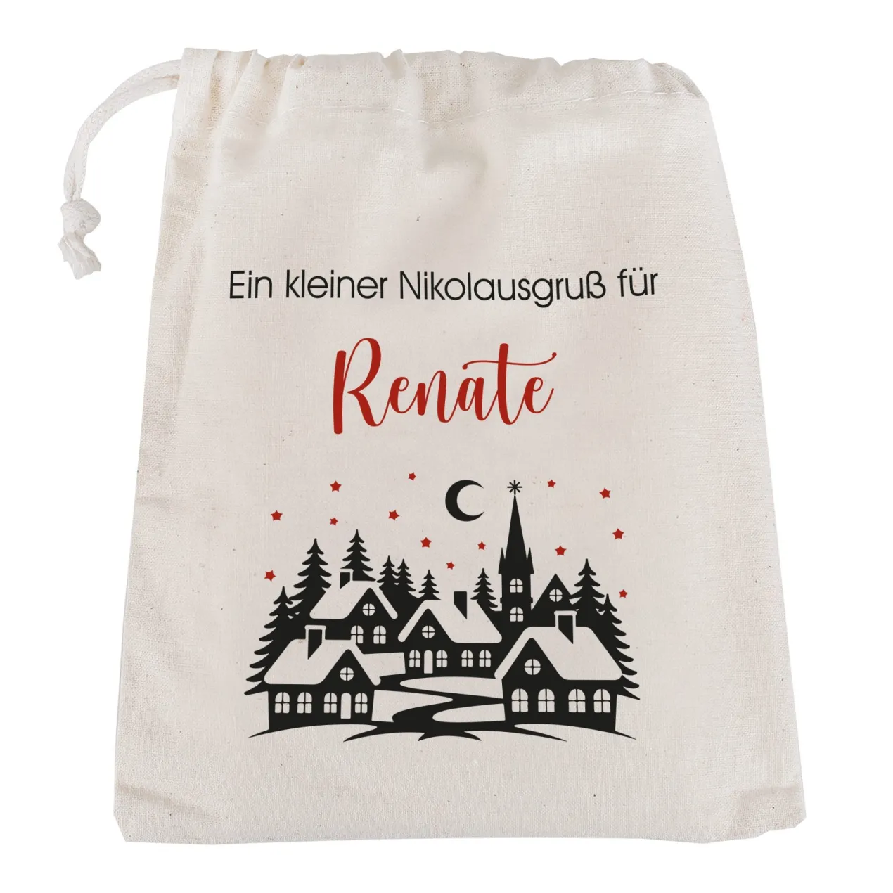 Personalisierter Geschenksack zu Weihnachten mit Wunschtext | Baumwollbeutel mit Winterdorf-Motiv