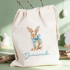 Personalisierter Geschenksack zu Ostern mit Name | Stoffbeutel mit Hasenmotiv und Kordel in 3 Größen