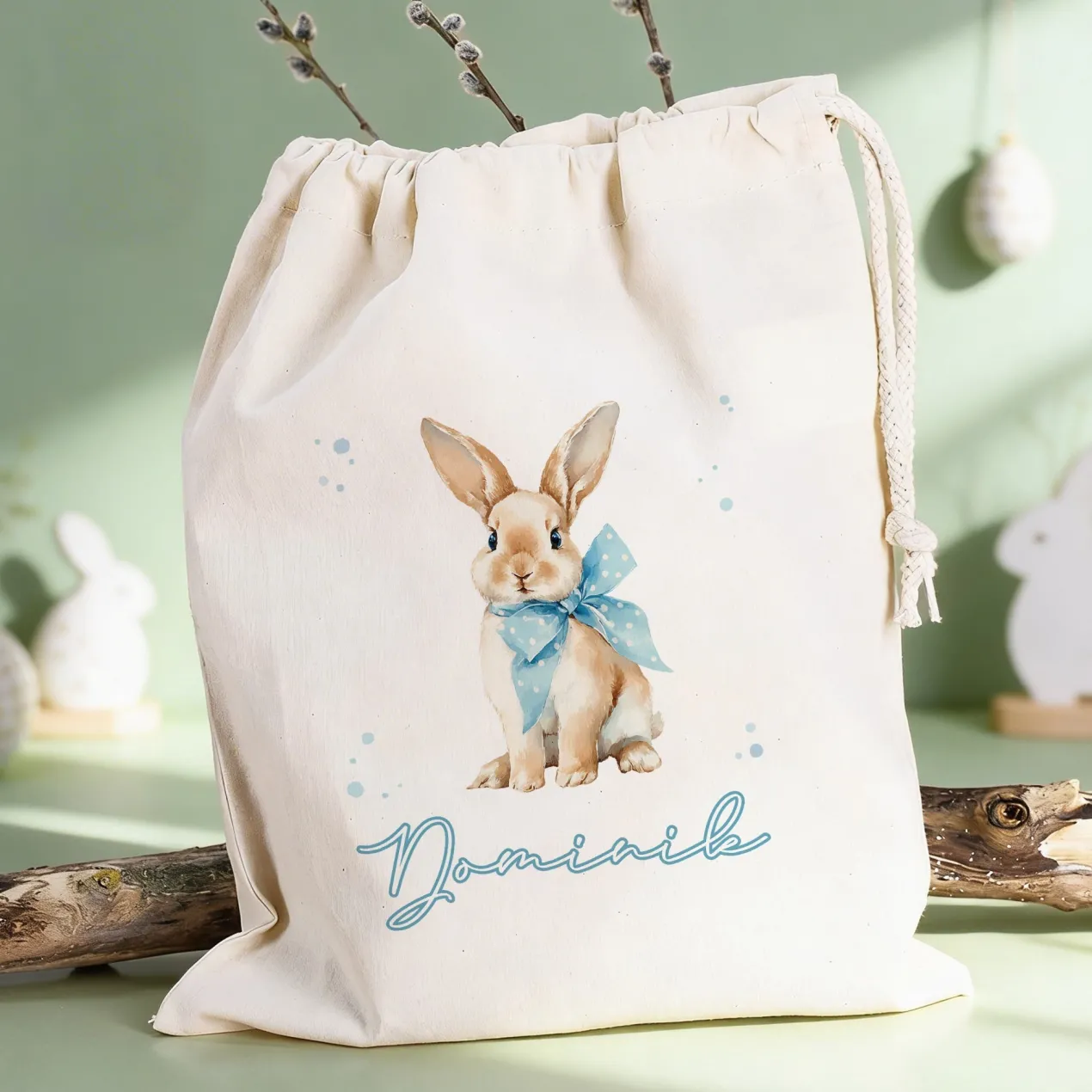 Personalisierter Geschenksack zu Ostern mit Name | Stoffbeutel mit Hasenmotiv und Kordel in 3 Größen