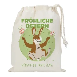 Personalisierter Geschenksack zu Ostern „Fröhliche Ostern“ mit jonglierendem Osterhasen