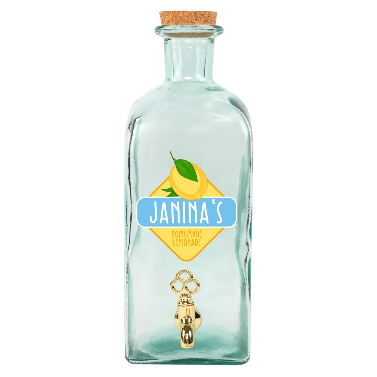 Personalisierter Getränkespender aus Glas mit Zitrone Motiv und Hahn | 2L Spender für Limonade & Saft