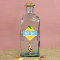 Personalisierter Getränkespender aus Glas mit Zitrone Motiv und Hahn | 2L Spender für Limonade & Saft