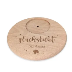 Personalisierter 'Glückslicht' Kerzenteller für geliebte Menschen mit Wunschtext aus Buchenholz