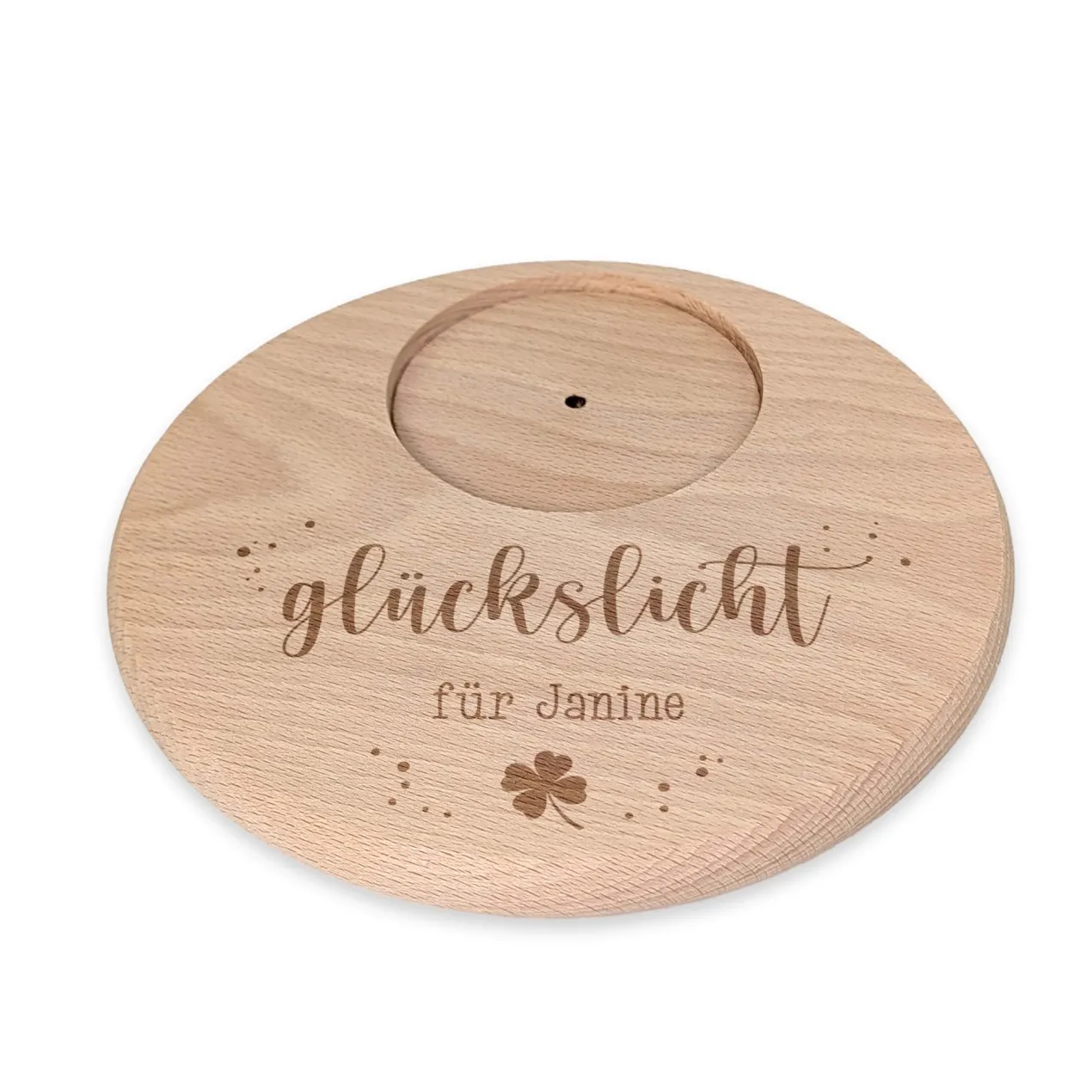 Personalisierter 'Glückslicht' Kerzenteller für geliebte Menschen mit Wunschtext aus Buchenholz
