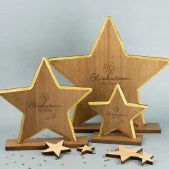 Personalisierter Glücksstern aus Holz mit Gravur | Dekostern mit Goldrand als Geschenk