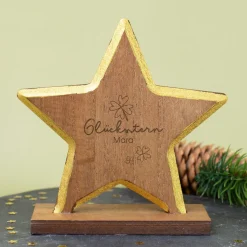 Personalisierter Glücksstern aus Holz mit Gravur | Dekostern mit Goldrand als Geschenk