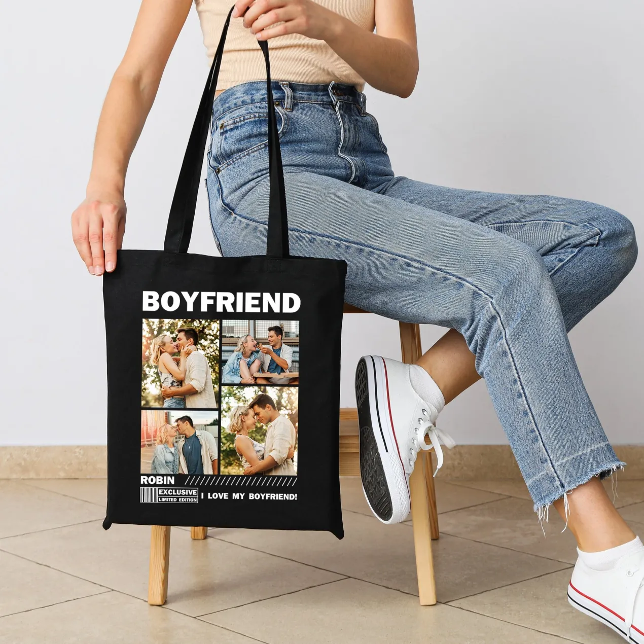 Personalisierter Jutebeutel mit Fotos und Wunschtext in Schwarz