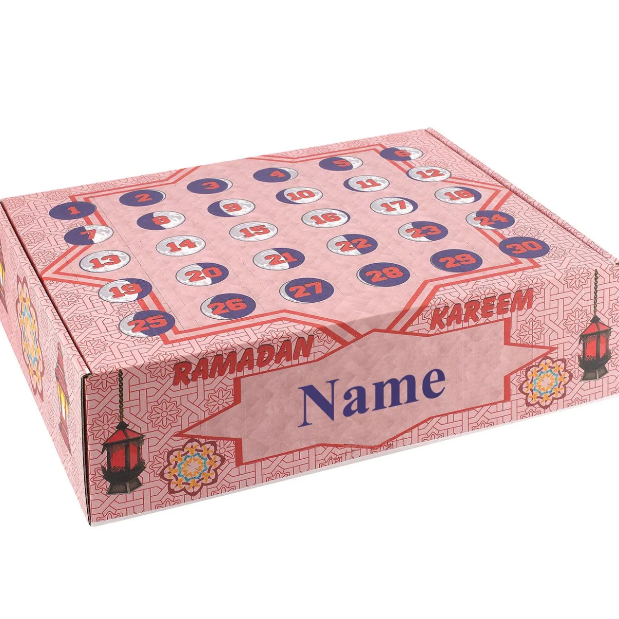 Personalisierter Kalender zum Ramadan bedruckt mit Laternen, Blumenornamenten und Mondphasen