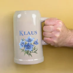 Personalisierter Keramik Bierkrug 'Enzian' mit Name | Steingut Bierglas 0,5 oder 1 Liter