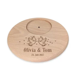 Personalisierter Kerzenteller zur Hochzeit graviert mit Namen und Datum | Buchenholz | Taubenmotiv
