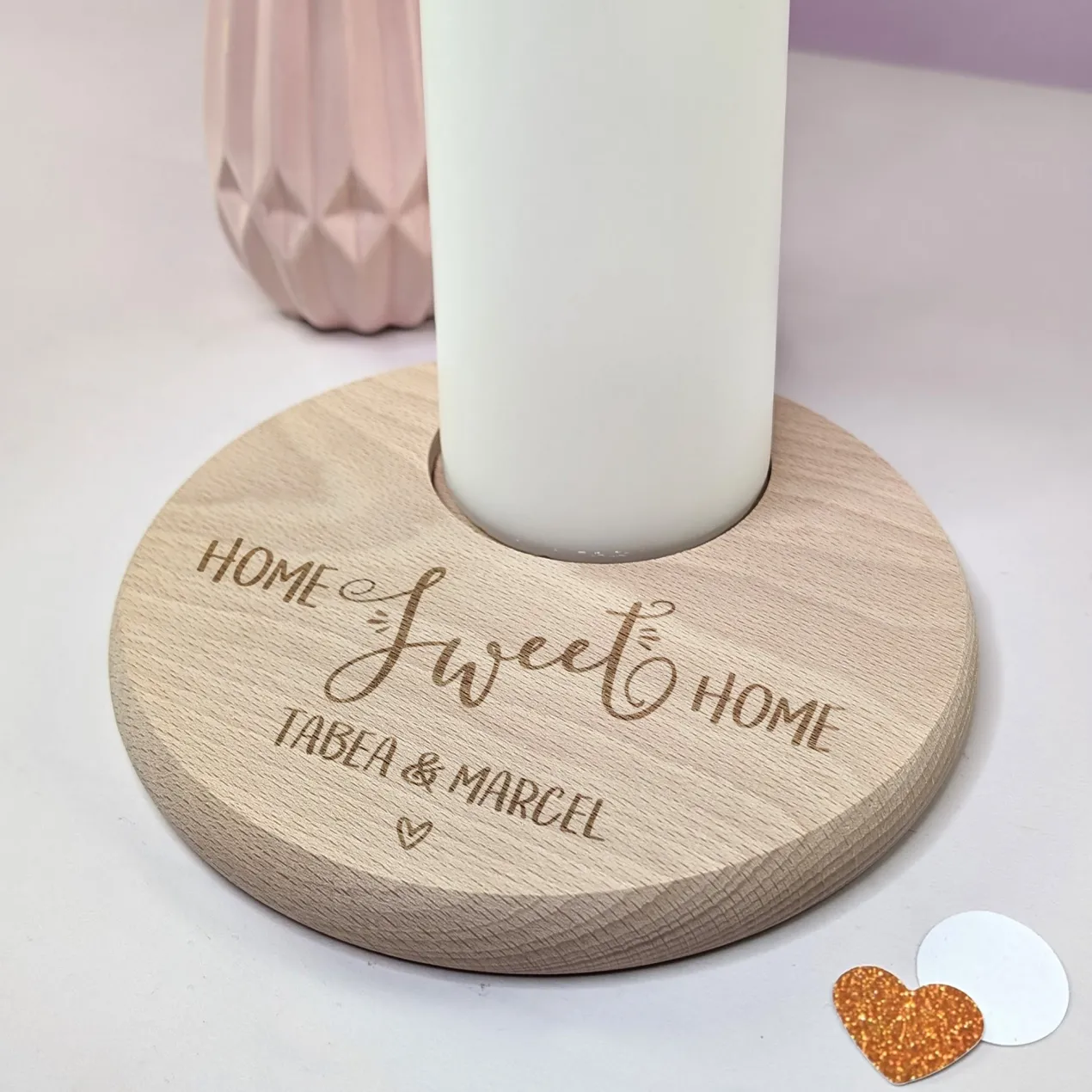 Personalisierter Kerzenteller aus Buchenholz zum Einzug mit Wunschtext | Home Sweet Home