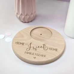 Personalisierter Kerzenteller aus Buchenholz zum Einzug mit Wunschtext | Home Sweet Home