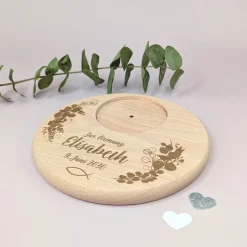 Personalisierter Kerzenteller aus Holz zur Taufe, Kommunion, Konfirmation oder Firmung | Fischmotiv