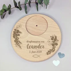 Personalisierter Kerzenteller aus Holz zur Taufe, Kommunion, Konfirmation oder Firmung | Fischmotiv