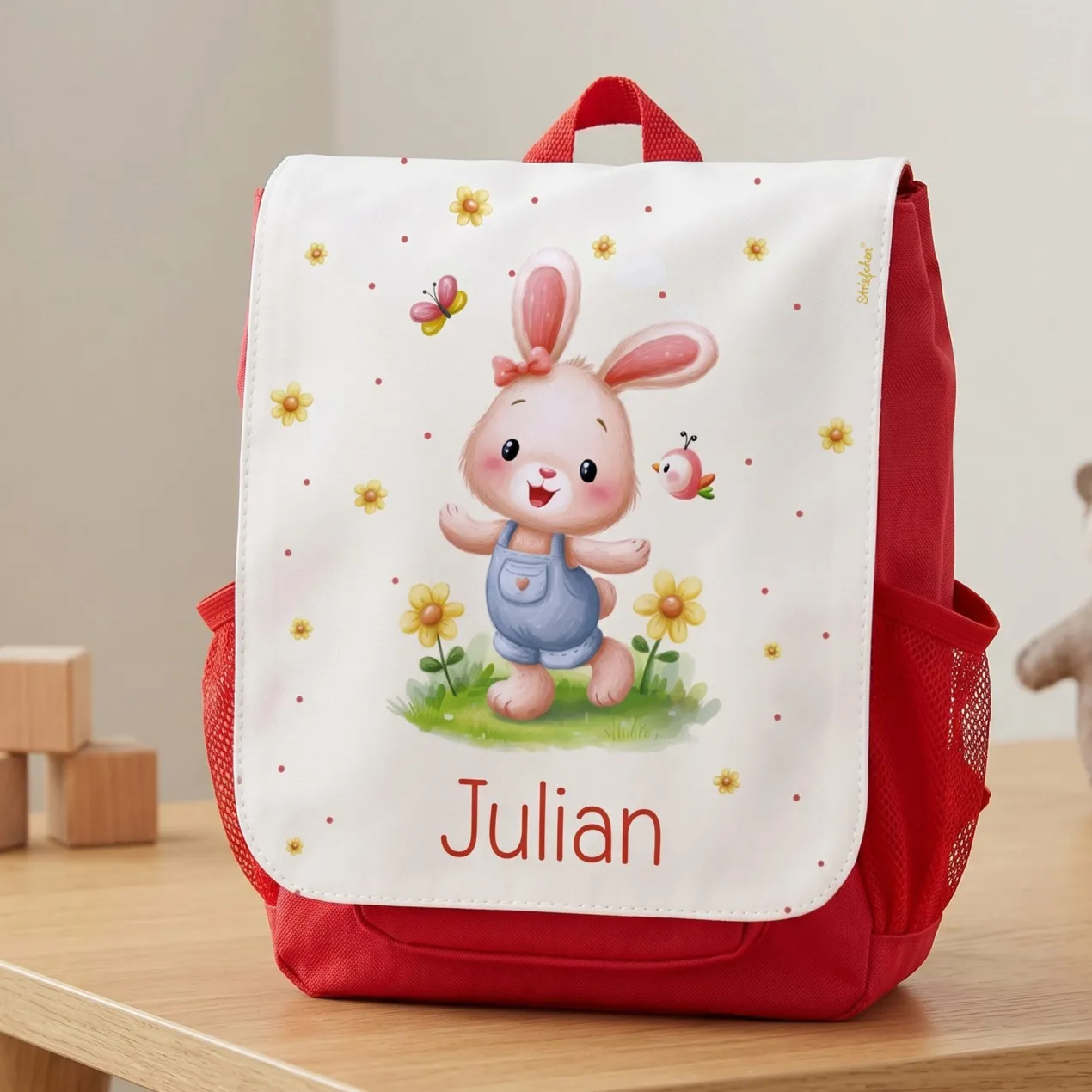 Personalisierter Kindergartenrucksack für Mädchen mit Hase & Name | Roter Kinder Rucksack als Geschenk