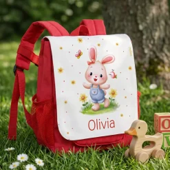 Personalisierter Kindergartenrucksack für Mädchen mit Hase & Name | Roter Kinder Rucksack als Geschenk