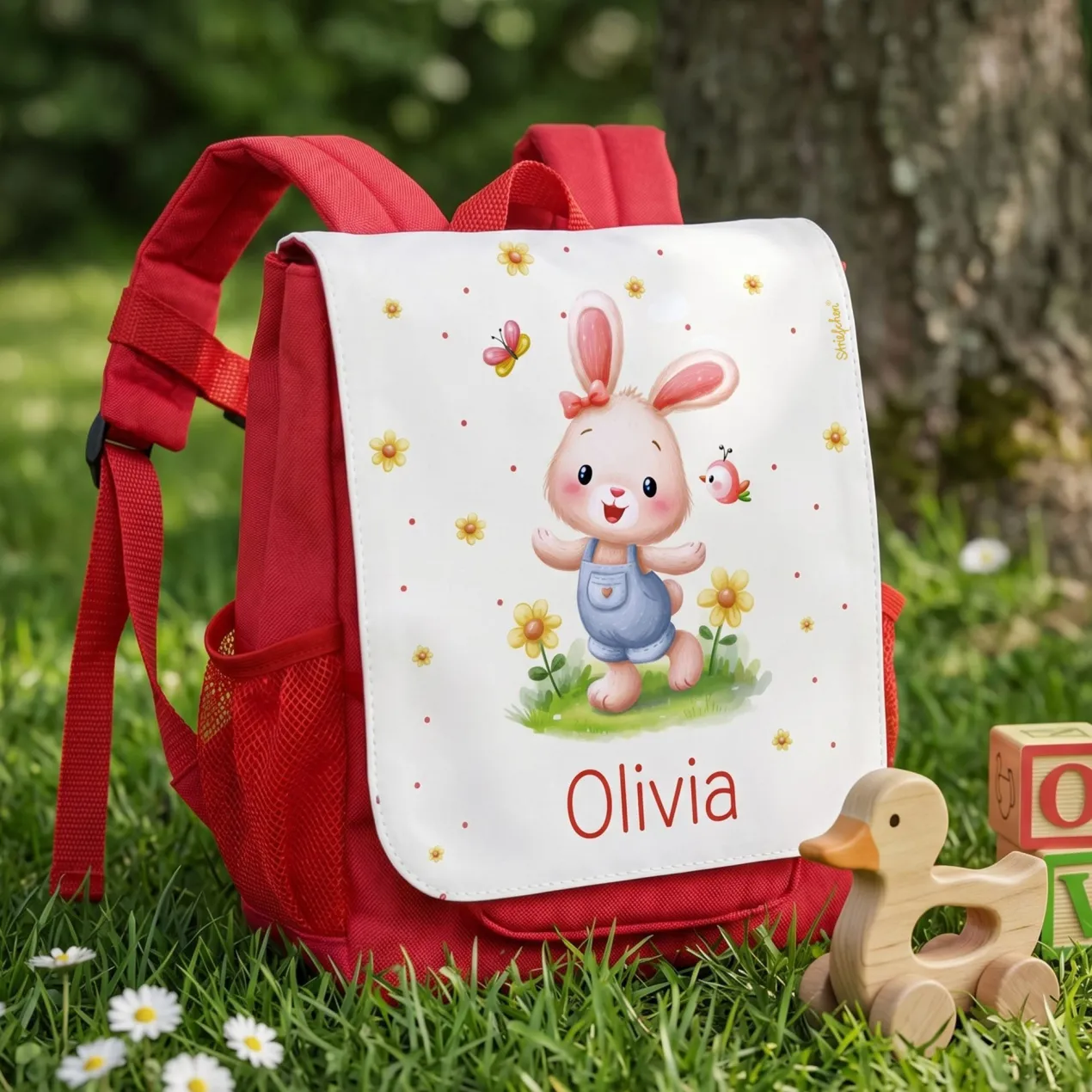 Personalisierter Kindergartenrucksack für Mädchen mit Hase & Name | Roter Kinder Rucksack als Geschenk