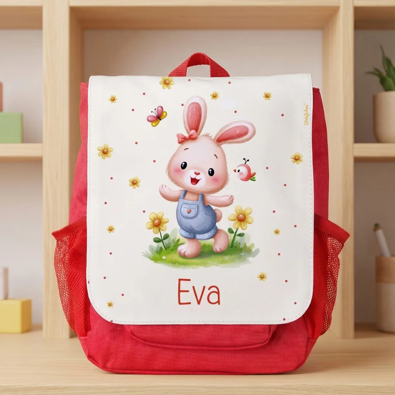 Personalisierter Kindergartenrucksack für Mädchen mit Hase & Name | Roter Kinder Rucksack als Geschenk