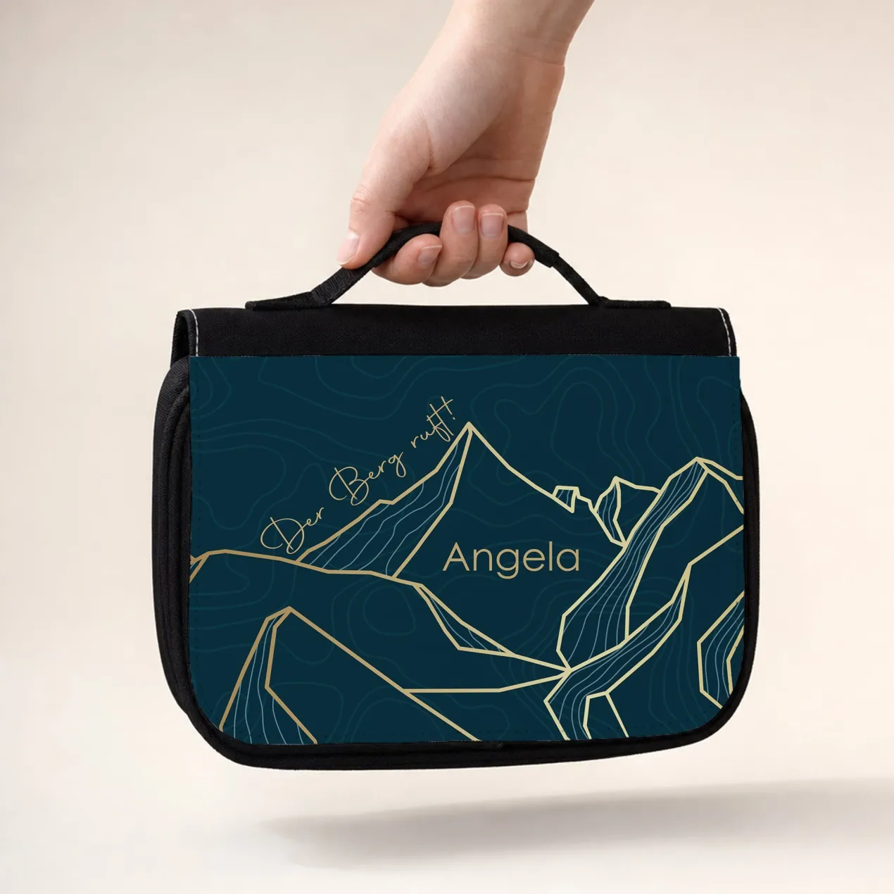 Personalisierter Kulturbeutel mit Berge Motiv | Waschtasche zum Aufhängen für Bergsteiger