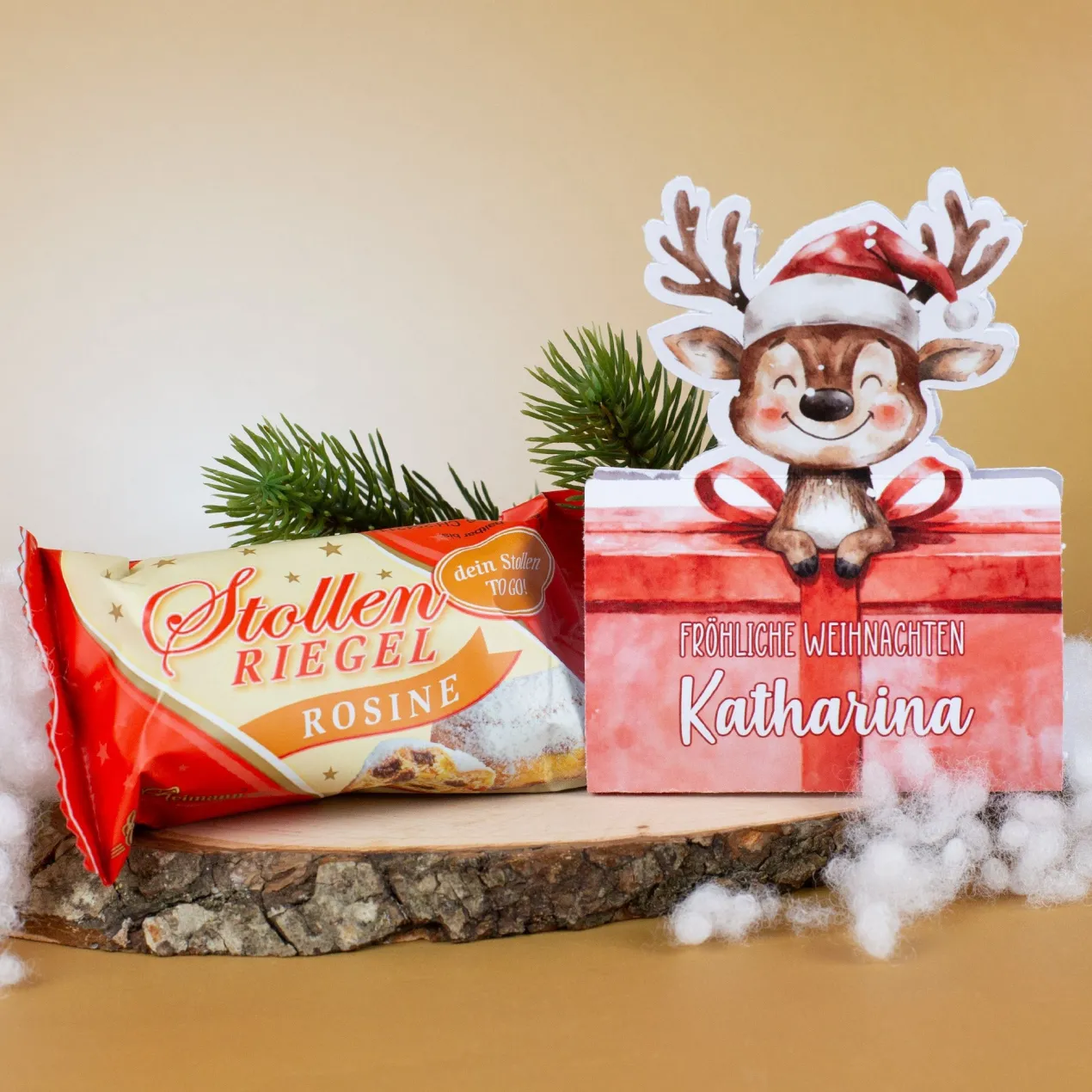 Personalisierter Mini-Stollen mit Geschenkverpackung | 80g | Rentier-Motiv