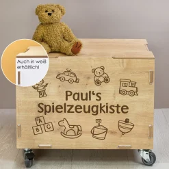 Personalisierte Rollbox aus Holz von clipfritz | Aufbewahrungsbox mit Spielzeugmotiv & Wunschtext