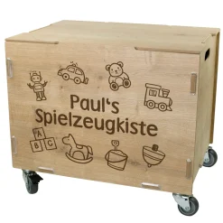 Personalisierte Rollbox aus Holz von clipfritz | Aufbewahrungsbox mit Spielzeugmotiv & Wunschtext
