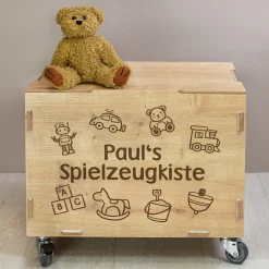 Personalisierte Rollbox aus Holz von clipfritz | Aufbewahrungsbox mit Spielzeugmotiv & Wunschtext