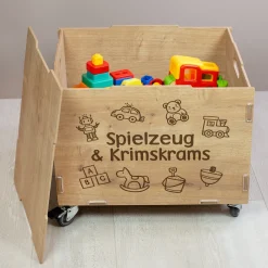 Personalisierte Rollbox aus Holz von clipfritz | Aufbewahrungsbox mit Spielzeugmotiv & Wunschtext