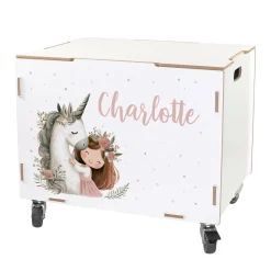 Personalisierte Rollbox aus Holz von clipfritz mit Einhorn & Prinzessin | Spielzeugkiste für Mädchen
