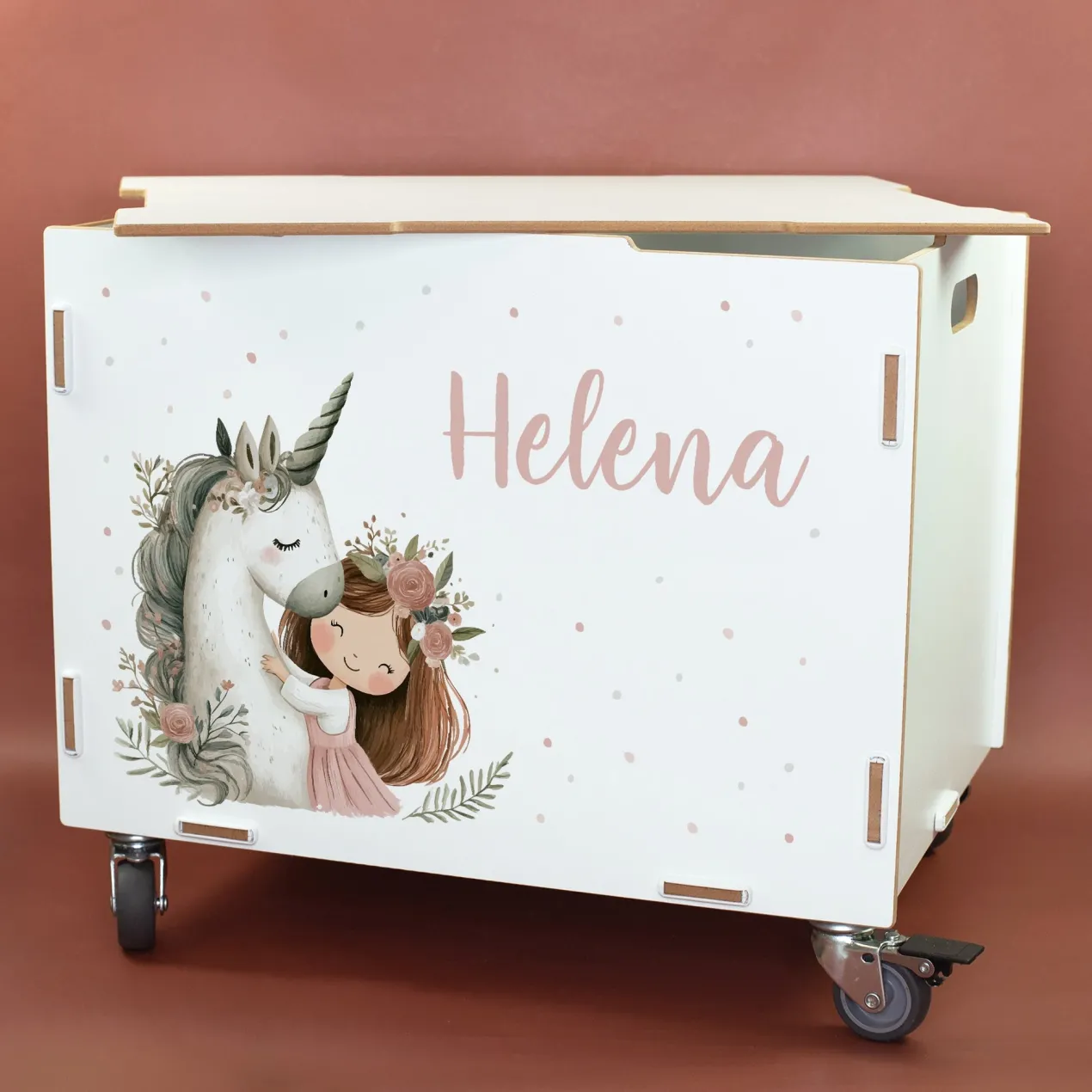 Personalisierte Rollbox aus Holz von clipfritz mit Einhorn & Prinzessin | Spielzeugkiste für Mädchen