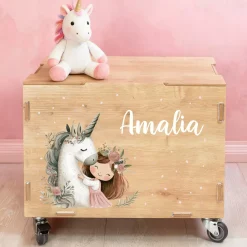 Personalisierte Rollbox aus Holz von clipfritz mit Einhorn & Prinzessin | Spielzeugkiste für Mädchen