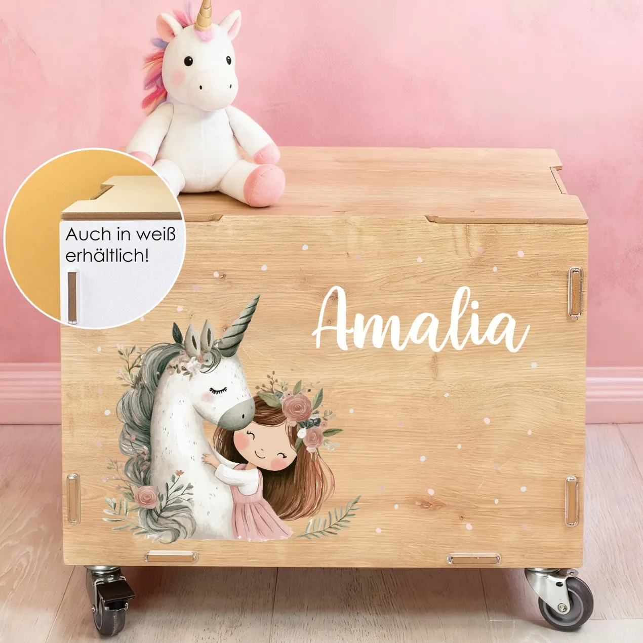 Personalisierte Rollbox aus Holz von clipfritz mit Einhorn & Prinzessin | Spielzeugkiste für Mädchen