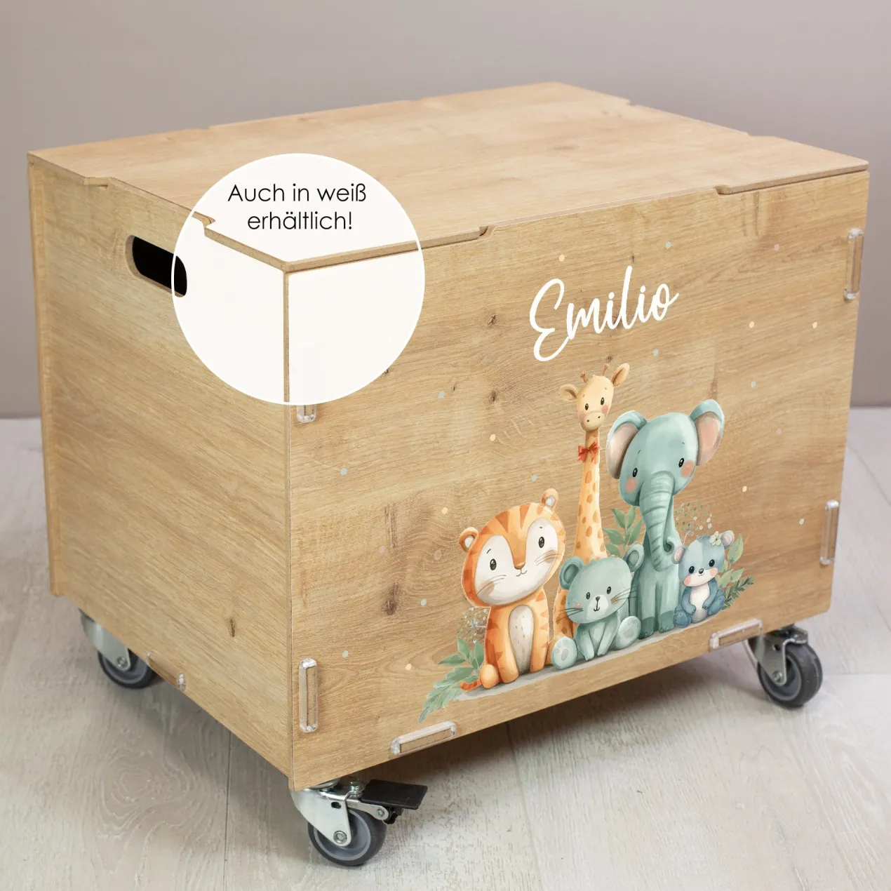 Personalisierte Rollbox aus Holz - Tierfreunde auf Safari - von clipfritz | Spielzeugkiste mit Name