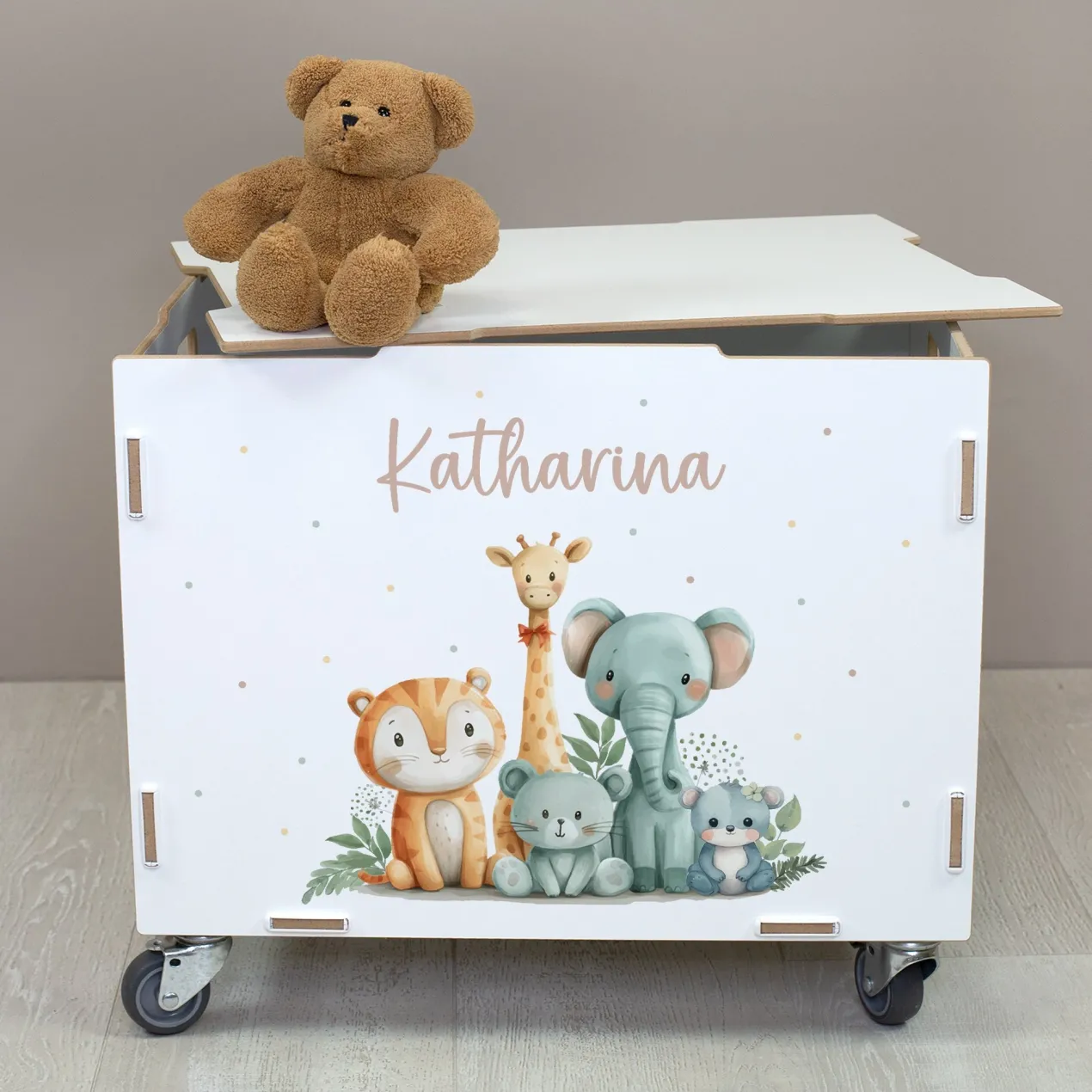 Personalisierte Rollbox aus Holz - Tierfreunde auf Safari - von clipfritz | Spielzeugkiste mit Name