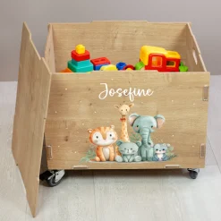 Personalisierte Rollbox aus Holz - Tierfreunde auf Safari - von clipfritz | Spielzeugkiste mit Name