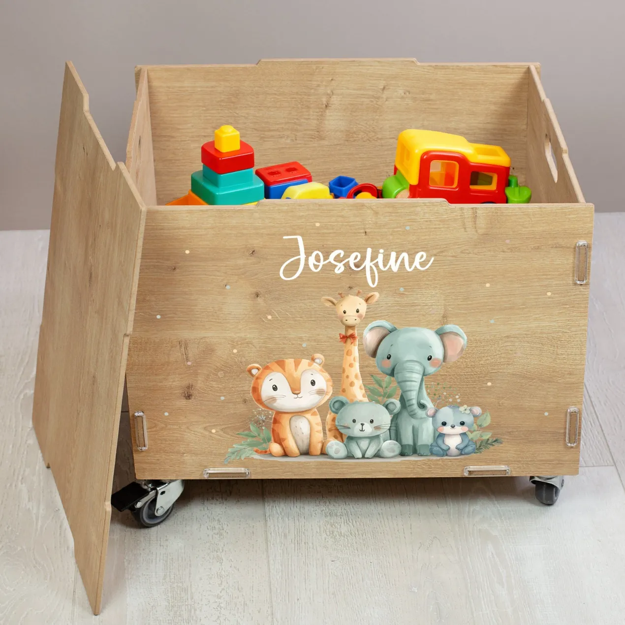 Personalisierte Rollbox aus Holz - Tierfreunde auf Safari - von clipfritz | Spielzeugkiste mit Name