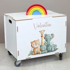Personalisierte Rollbox aus Holz - Tierfreunde auf Safari - von clipfritz | Spielzeugkiste mit Name