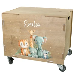 Personalisierte Rollbox aus Holz - Tierfreunde auf Safari - von clipfritz | Spielzeugkiste mit Name