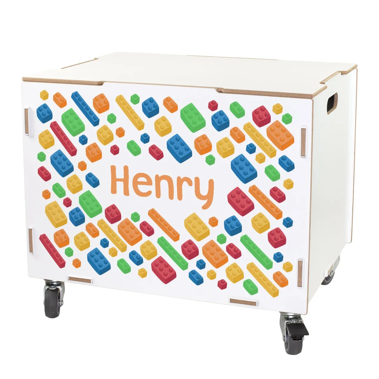 Personalisierte Rollbox aus Holz von clipfritz - Bunte Bausteinwelt | Kinder-Spielzeugkiste mit Name