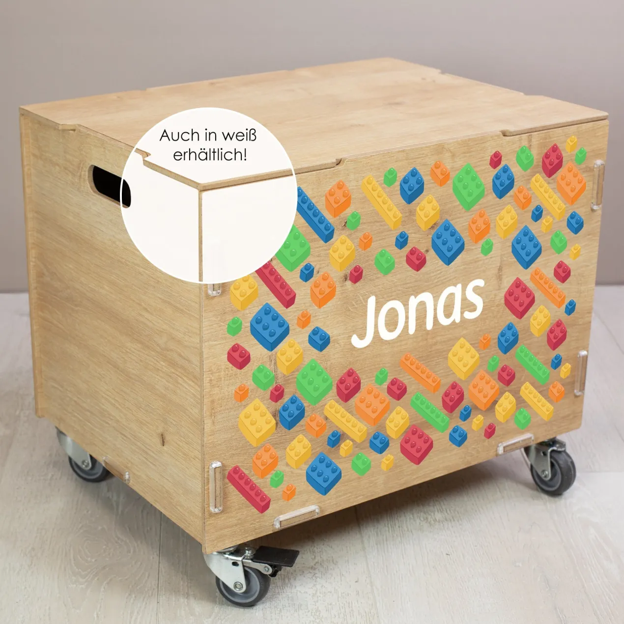 Personalisierte Rollbox aus Holz von clipfritz - Bunte Bausteinwelt | Kinder-Spielzeugkiste mit Name